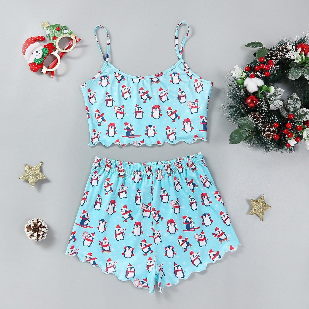 Christmas European And American Thin Pajamas Women's Sleeveless Shorts Milk Silk Simple Casual Two-piece Suit Homewear