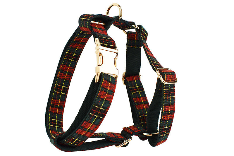 Christmas Pet Collar Plaid With Green Background Dog Rope Leash Suit