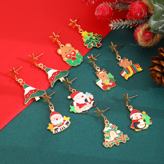 Fashionable Asymmetric Cartoon Dripping Oil Christmas Elk Earrings