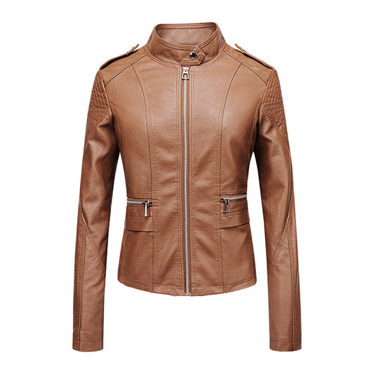 Women's Leather Jacket Women's Slim-fit Leather Jacket Women's Motorcycle Clothing PU Leather Women's Jacket Short Women's Leather Jacket Three-line Craft