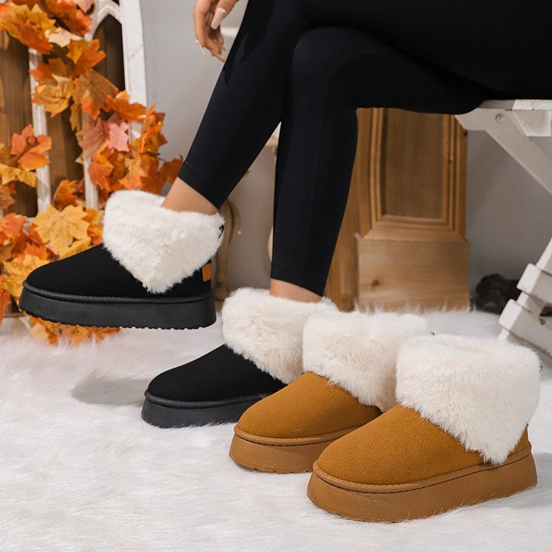 Winter Plush Snow Boots Fashion Round Toe Flat Thickened Suede Cotton Shoes For Women Casual Warm Short Boot